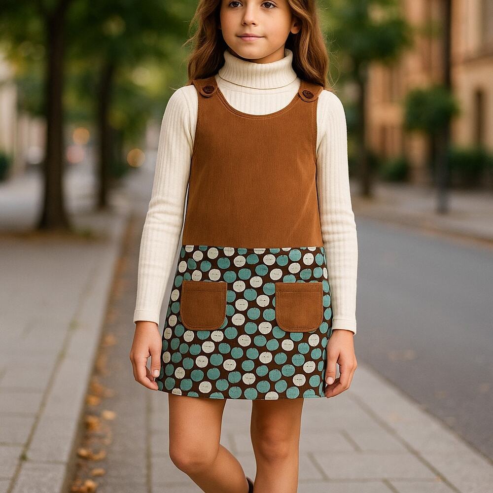 Beau Beaux Girls Jumper Size 12 Blue Brown Reversible Apple Print for Fall‎